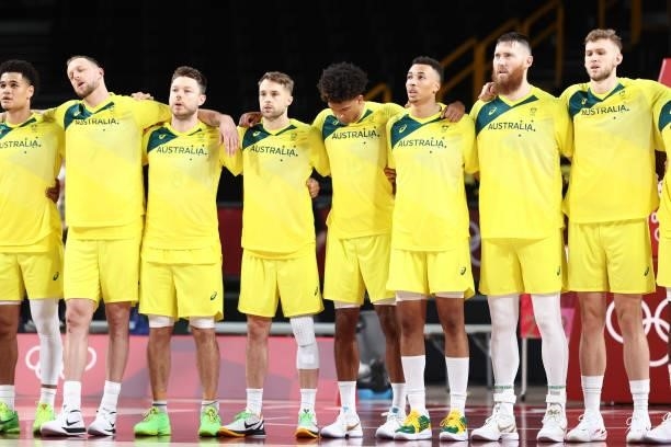 The Australia Men's National Team looks on before the game against the Nigeria Men's National Team during the 2020 Tokyo Olympics on July 25, 2021 at...