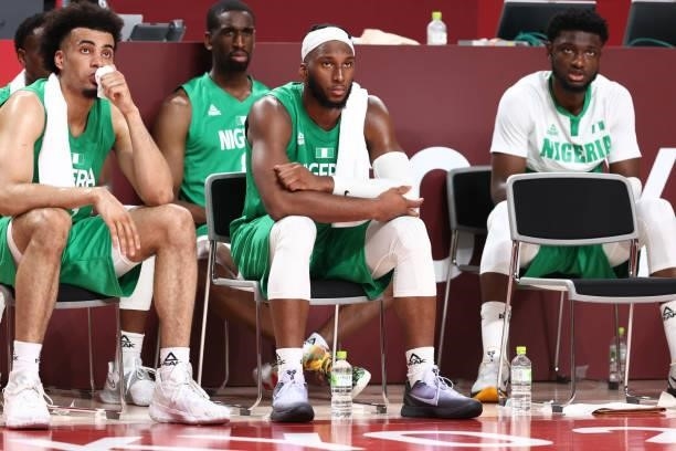 Josh Okogie of the Nigeria Men's National Team looks on during the 2020 Tokyo Olympics on July 25, 2021 at Saitama Super Arena in Tokyo, Japan. NOTE...