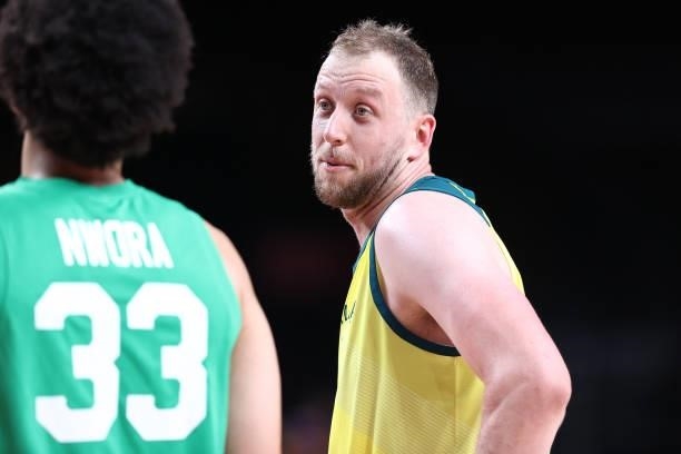 Joe Ingles of the Australia Men's National Team looks on during the 2020 Tokyo Olympics on July 25, 2021 at Saitama Super Arena in Tokyo, Japan. NOTE...