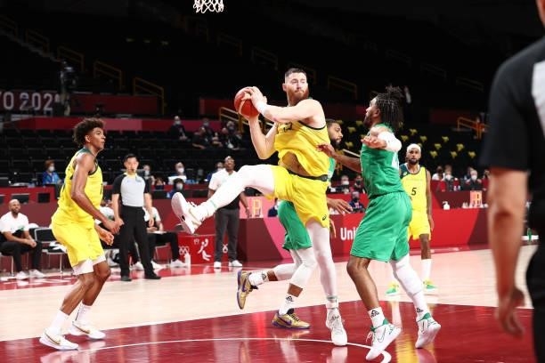 Aron Baynes of the Australia Men's National Team rebounds the ball against the Nigeria Men's National Team during the 2020 Tokyo Olympics on July 25,...
