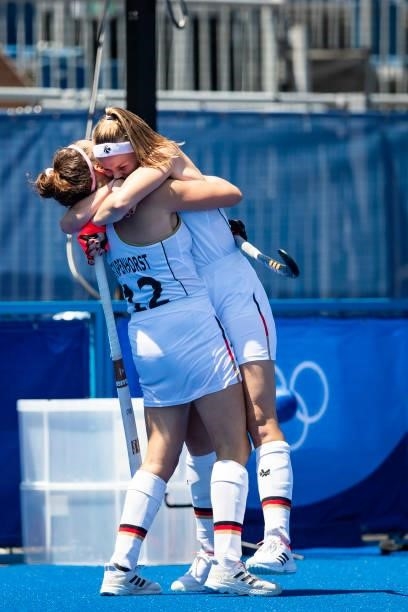 Charlotte Stapenhorst of Germany and Pia Maertens of Germany elebrates after scoring her teams 1:2 goal on day two during the women's hockey group A...