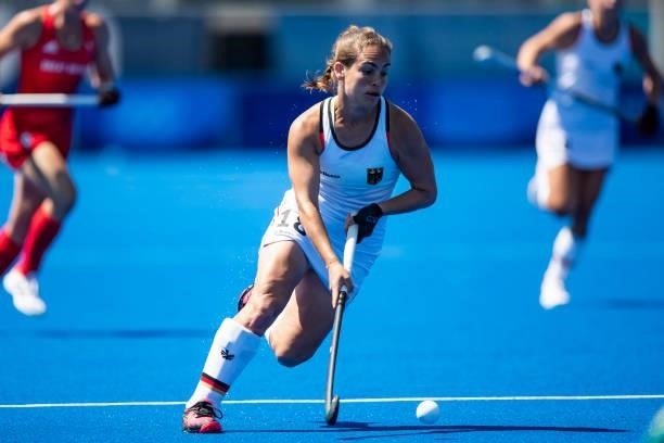 Lisa Altenburg of Germany compete on day two during the women's hockey group A preliminary round match between Great Britain and Germany at the 2020...