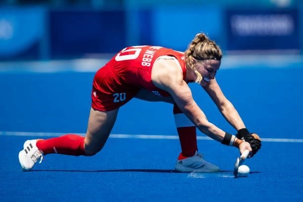 Hollie Pearne-Webb of Great Britain compete on day two during the women's hockey group A preliminary round match between Great Britain and Germany at...