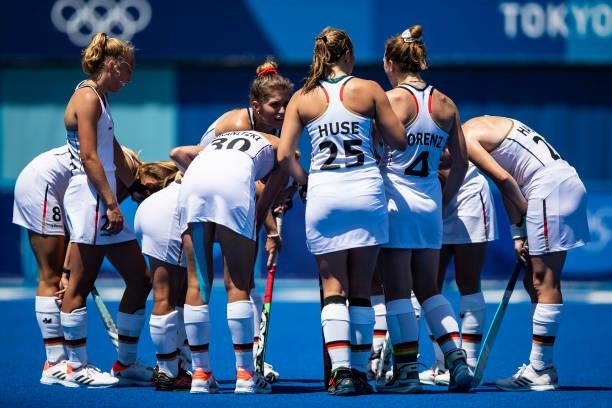 The women's team of the german national field hockey team. On day two during the women's hockey group A preliminary round match between Great Britain...