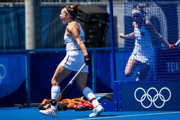 Charlotte Stapenhorst of Germany elebrates after scoring her teams 1:2 goal on day two during the women's hockey group A preliminary round match...