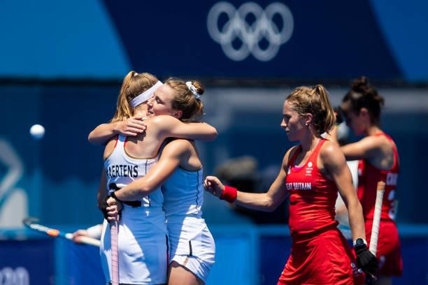 Pia Maertens of Germany and Nike Lorenz of Germany celebrate after the Match on day two during the women's hockey group A preliminary round match...