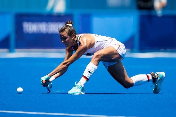 Selin Oruz of Germany compete on day two during the women's hockey group A preliminary round match between Great Britain and Germany at the 2020...