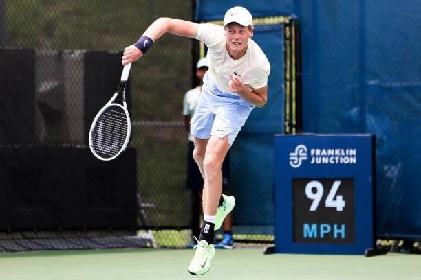 Jannik Sinner is seen during a doubles match with Reilly Opelka against Jonathan Erlich and Santiago Gonzalez at the Truist Atlanta Open at Atlantic...