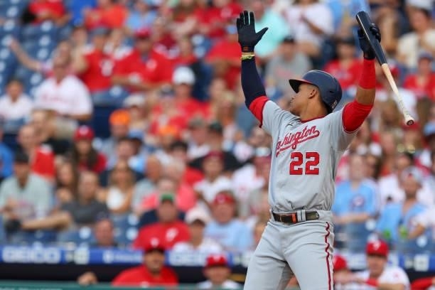 Juan Soto of the Washington Nationals reacts after a called third strike during the first inning of a game against the Philadelphia Phillies at...