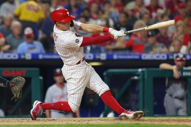 Rhys Hoskins of the Philadelphia Phillies hits a three-run home run in the sixth inning of a game against the Washington Nationals at Citizens Bank...