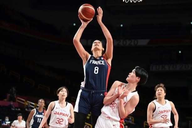 France's Helena Ciak goes to the basket in the women's preliminary round group B basketball match between France and Japan during the Tokyo 2020...