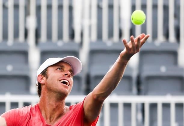 Sam Querrey of the United States serves during practice before a match against Peter Gojowczyk of Germany at the Truist Atlanta Open at Atlantic...