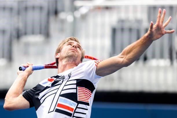 Peter Gojowczyk of Germany serves against Sam Querrey of the United States during their match at the Truist Atlanta Open at Atlantic Station on July...