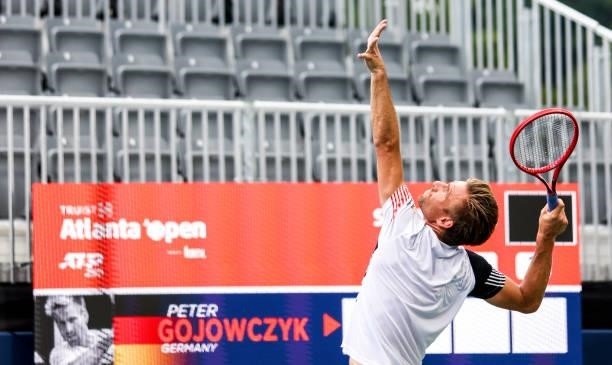 Peter Gojowczyk of Germany serves against Sam Querrey of the United States during their match at the Truist Atlanta Open at Atlantic Station on July...