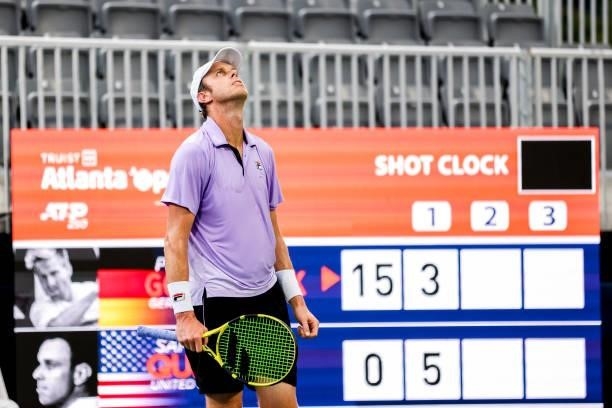 Sam Querrey of the United States reacts during the match against Peter Gojowczyk at the Truist Atlanta Open at Atlantic Station on July 26, 2021 in...