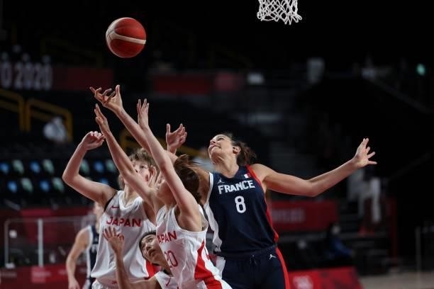 France's Helena Ciak fights for a rebound with Japan's Nanako Todo in the women's preliminary round group B basketball match between France and Japan...