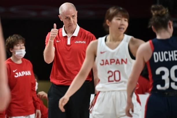 Japan's team coach Thomas Wayne Hovasse gestures to his players in the women's preliminary round group B basketball match between France and Japan...