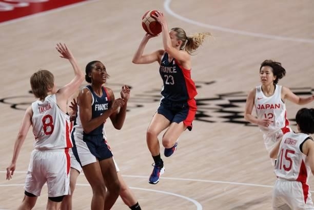 France's Marine Johannes goes to the basket in the women's preliminary round group B basketball match between France and Japan during the Tokyo 2020...