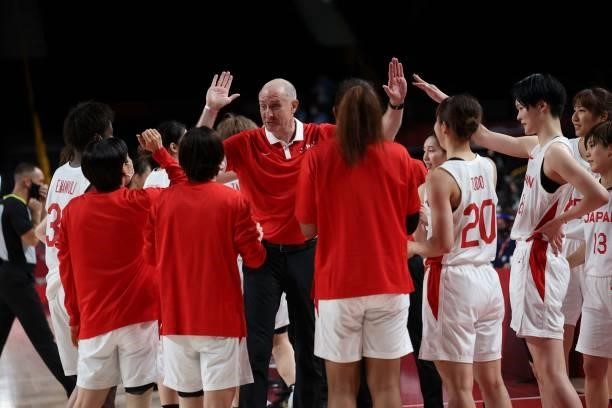 Japan's coach Thomas Wayne Hovasse gestures to his players after their victory in the women's preliminary round group B basketball match between...