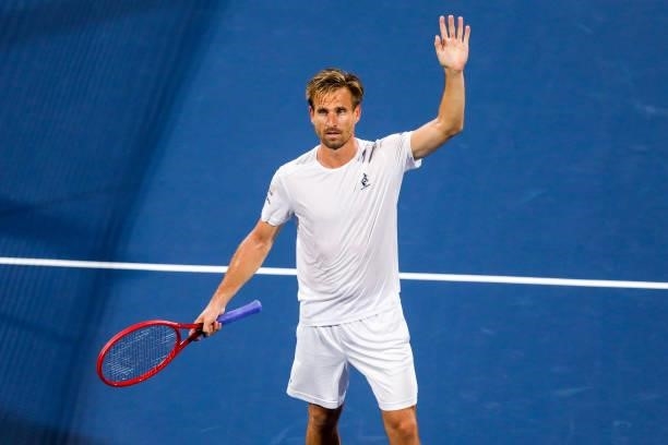 Peter Gojowczyk of Germany waves to fans after winning a match against Sam Querrey of the United States at the Truist Atlanta Open at Atlantic...