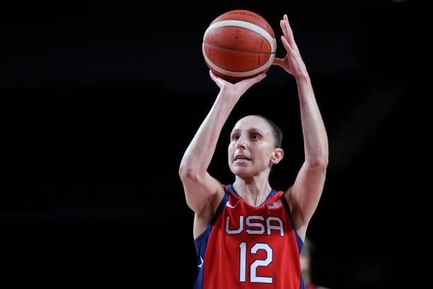 S Diana Taurasi takes a free throw shot in the women's preliminary round group B basketball match between Nigeria and USA during the Tokyo 2020...