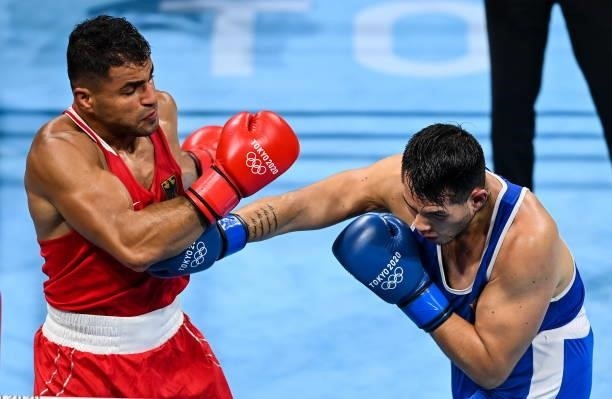 Tokyo , Japan - 27 July 2021; Jose Maria Lucar Jaimes of Peru, right, and Ammar Riad Abduljabbar of Germany during the Men's Heavyweight Round of 16...