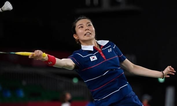 South Korea's Kim So-yeong hits a shot next to South Korea's Kong Hee-yong in their women's doubles badminton group stage match against China's Jia...