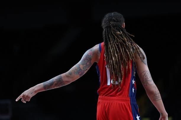S Brittney Griner gestures in the women's preliminary round group B basketball match between Nigeria and USA during the Tokyo 2020 Olympic Games at...