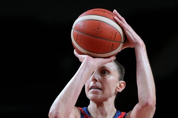 S Diana Taurasi takes a free throw shot in the women's preliminary round group B basketball match between Nigeria and USA during the Tokyo 2020...