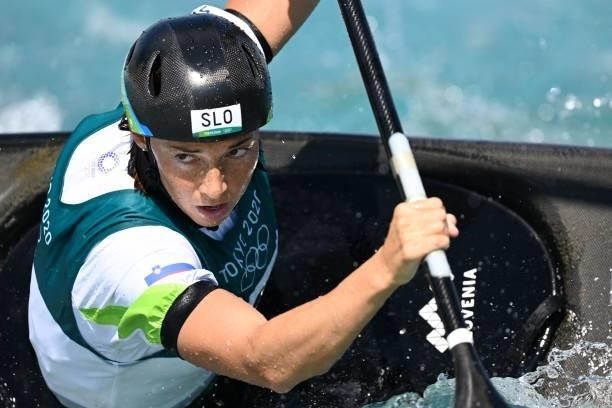 Slovenia's Eva Tercelj competes in the women's Kayak semi-final during the Tokyo 2020 Olympic Games at Kasai Canoe Slalom Centre in Tokyo on July 27,...
