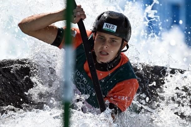 Netherlands' Martina Wegman competes in the women's Kayak semi-final during the Tokyo 2020 Olympic Games at Kasai Canoe Slalom Centre in Tokyo on...