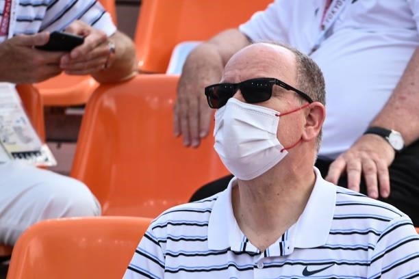 Prince Albert II of Monaco attends the women's pool round 3x3 basketball match between China and Mongolia at the Aomi Urban Sports Park in Tokyo, on...