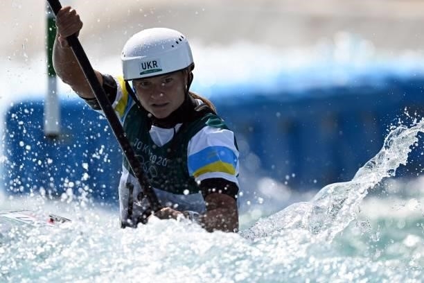 Ukraine's Viktoriia Us competes in the women's Kayak semi-final during the Tokyo 2020 Olympic Games at Kasai Canoe Slalom Centre in Tokyo on July 27,...