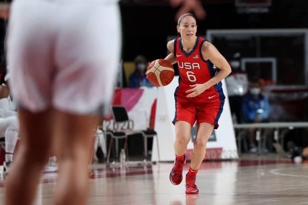 S Sue Bird controls the ball during the women's preliminary round group B basketball match between Nigeria and USA of the Tokyo 2020 Olympic Games at...