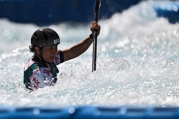Cook Islands' Jane Nicholas competes in the women's Kayak semi-final during the Tokyo 2020 Olympic Games at Kasai Canoe Slalom Centre in Tokyo on...