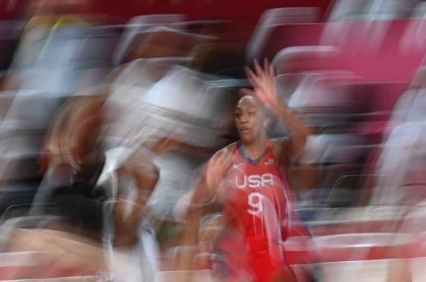 S A'ja Wilson looks at the ball in the women's preliminary round group B basketball match between Nigeria and USA during the Tokyo 2020 Olympic Games...