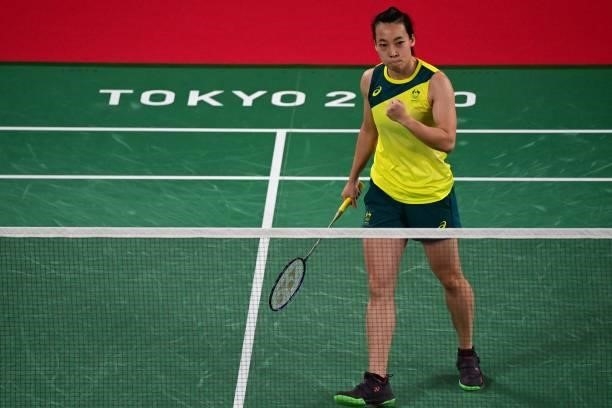 Australia's Wendy Chen Hsuan-yu reacts after a point with Bulgaria's Linda Zetchiri in their women's singles badminton group stage match during the...