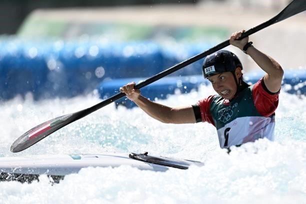 Austria's Viktoria Wolffhardt competes in the women's Kayak semi-final during the Tokyo 2020 Olympic Games at Kasai Canoe Slalom Centre in Tokyo on...