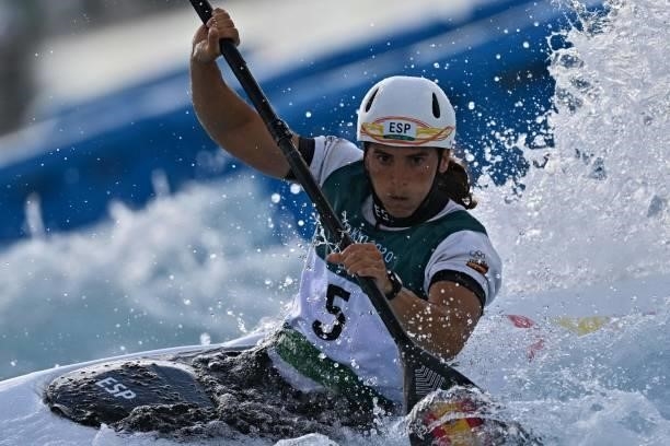Spain's Maialen Chourraut competes in the women's Kayak semi-final during the Tokyo 2020 Olympic Games at Kasai Canoe Slalom Centre in Tokyo on July...