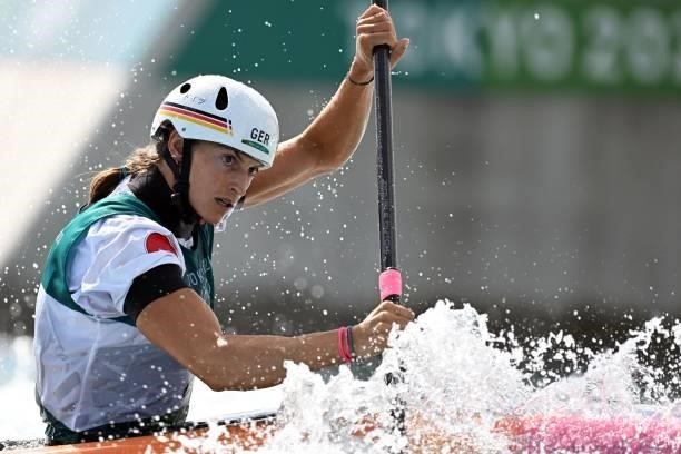 Germany's Ricarda Funk competes in the women's Kayak semi-final during the Tokyo 2020 Olympic Games at Kasai Canoe Slalom Centre in Tokyo on July 27,...