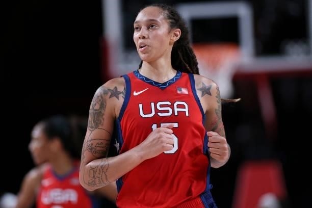 S Brittney Griner looks on during the women's preliminary round group B basketball match between Nigeria and USA of the Tokyo 2020 Olympic Games at...