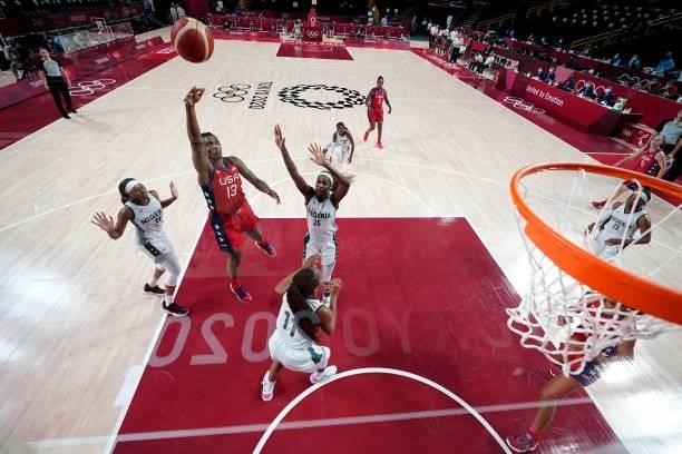 S Sylvia Fowles shoots the ball in the women's preliminary round group B basketball match between Nigeria and USA during the Tokyo 2020 Olympic Games...