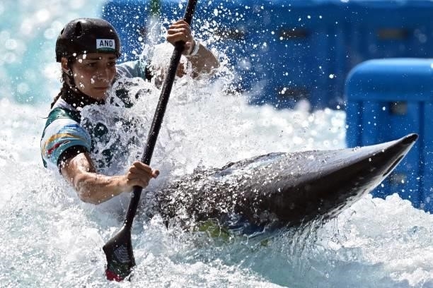 Andorra's Monica Doria Vilarrubla competes in the women's Kayak semi-final during the Tokyo 2020 Olympic Games at Kasai Canoe Slalom Centre in Tokyo...