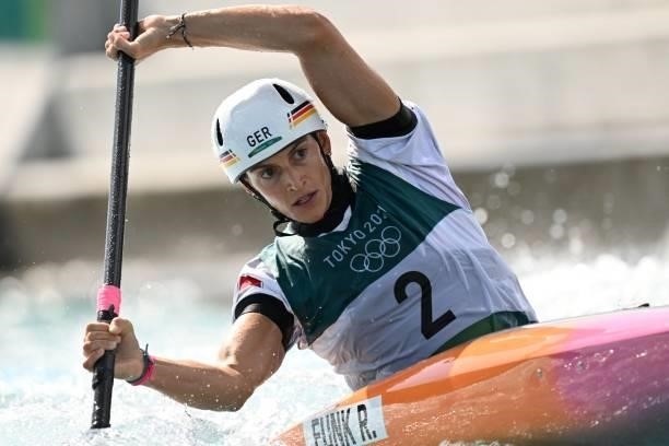 Germany's Ricarda Funk competes in the women's Kayak semi-final during the Tokyo 2020 Olympic Games at Kasai Canoe Slalom Centre in Tokyo on July 27,...
