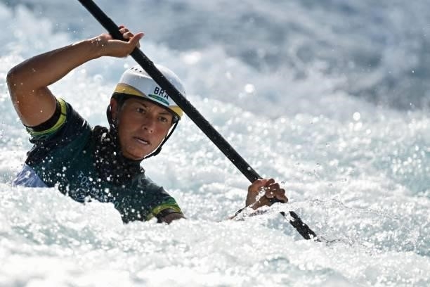 Brazil's Ana Satila competes in the women's Kayak semi-final during the Tokyo 2020 Olympic Games at Kasai Canoe Slalom Centre in Tokyo on July 27,...
