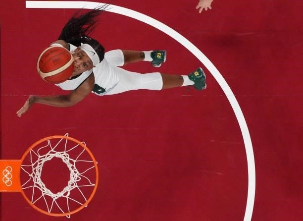 Nigeria's Ezinne Kalu goes to the basket in the women's preliminary round group B basketball match between Nigeria and USA during the Tokyo 2020...