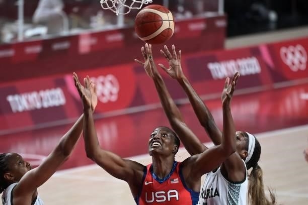 S Sylvia Fowles fights for the rebound in the women's preliminary round group B basketball match between Nigeria and USA during the Tokyo 2020...