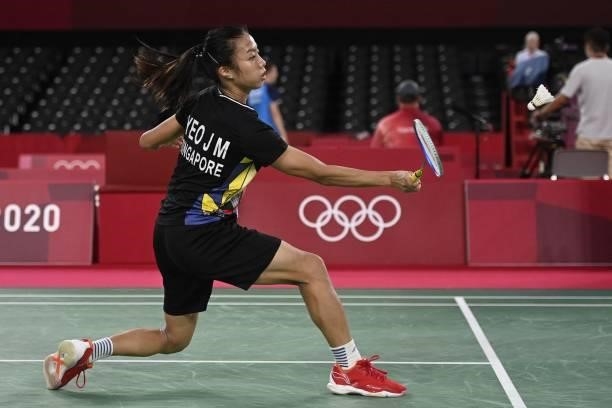 Singapore's Yeo Jia Min hits a shot to Mexico's Haramara Gaitan in their women's singles badminton group stage match during the Tokyo 2020 Olympic...