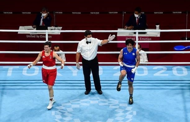 Tokyo , Japan - 27 July 2021; Nien-Chin Chen of Chinese Taipei celebrates defeating Angela Carini of Italy in the Women's Welterweight Round of 16...