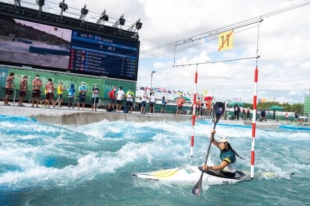 Australia's Jessica Fox competes in the women's kayak semi-final during the Tokyo 2020 Olympic Games at Kasai Canoe Slalom Centre in Tokyo on July...